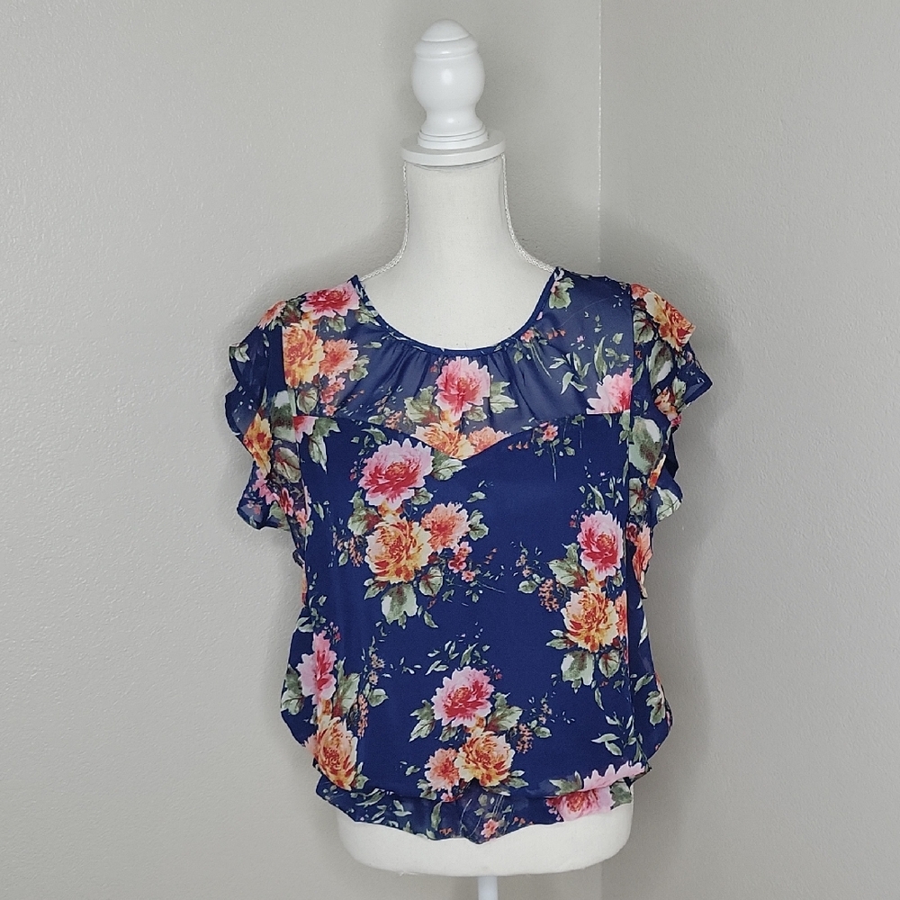 Monteau Blue Floral Short Sleeve Blouse